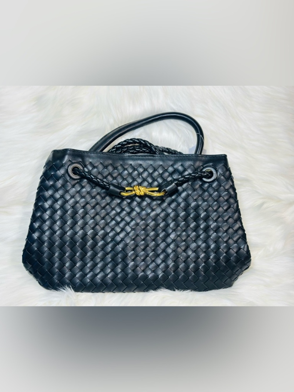 Woven Shoulder Bag in Black with Gold Accent